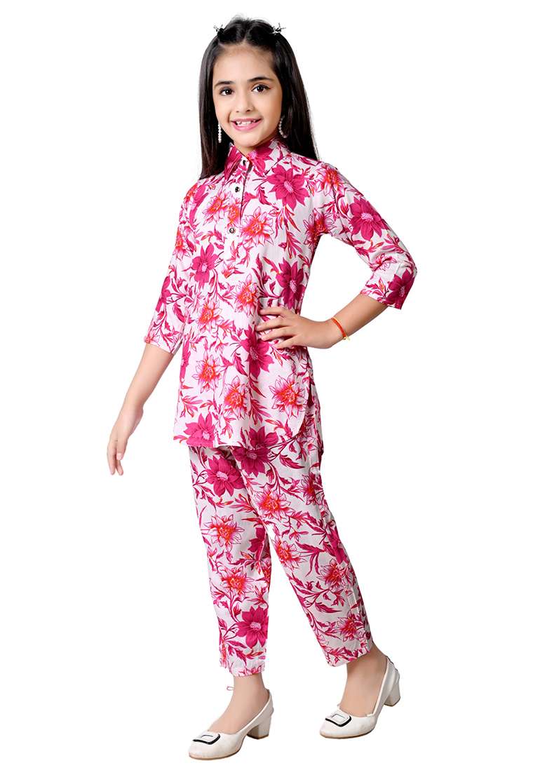 Pink Printed Rayon Kurta Set For Girls - Indya
