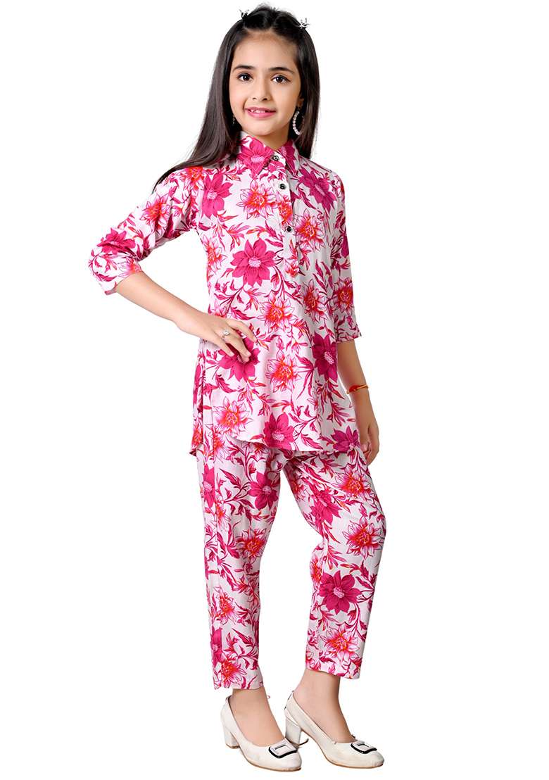 Pink Printed Rayon Kurta Set For Girls - Indya