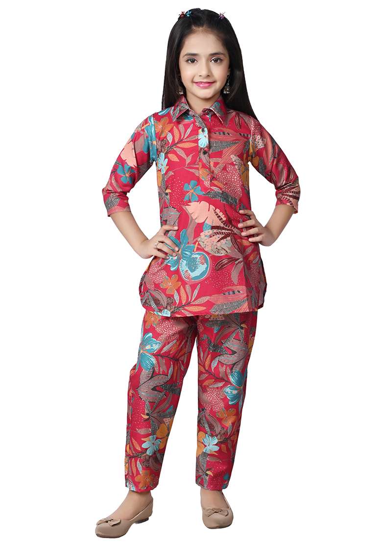 Pink Printed Rayon Kurta Set For Girls - Indya