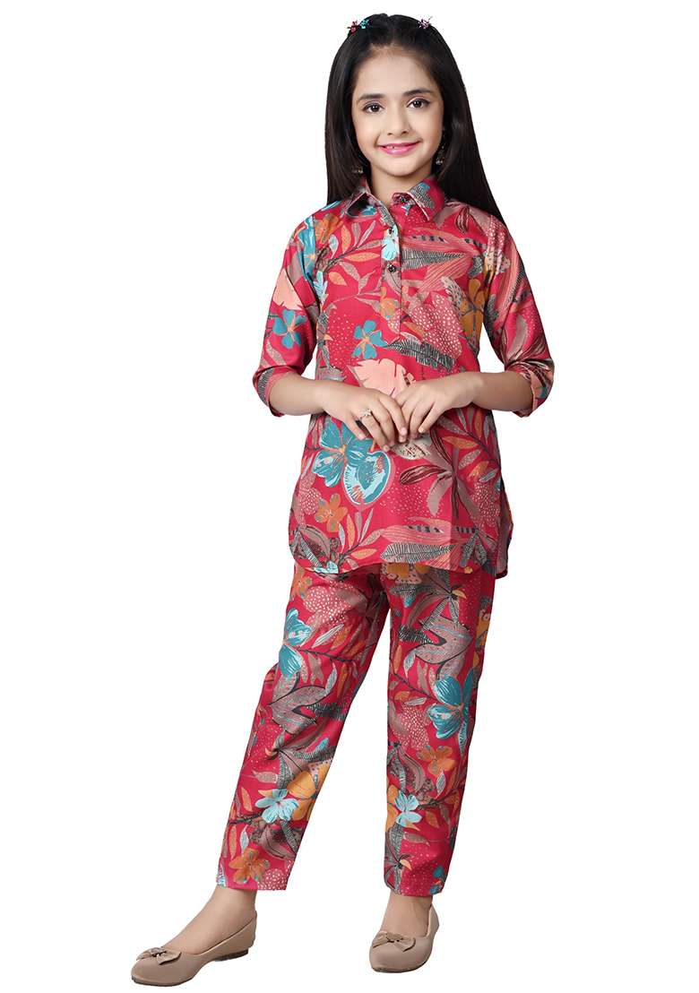 Pink Printed Rayon Kurta Set For Girls - Indya