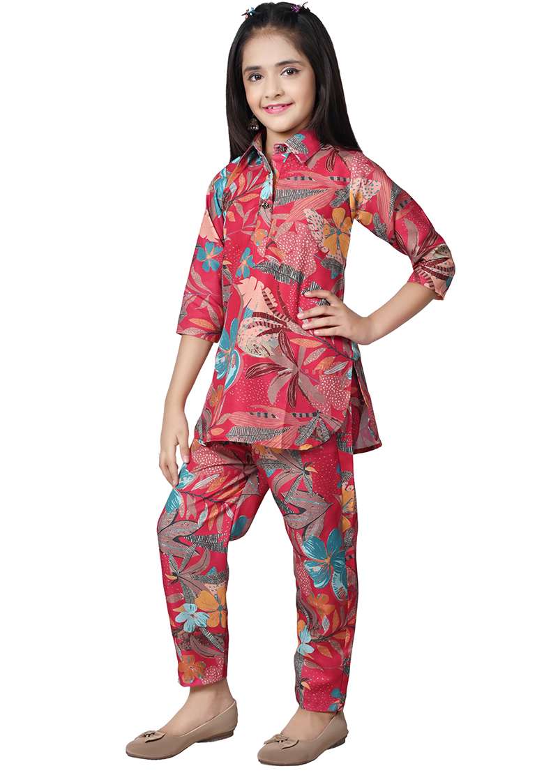 Pink Printed Rayon Kurta Set For Girls - Indya