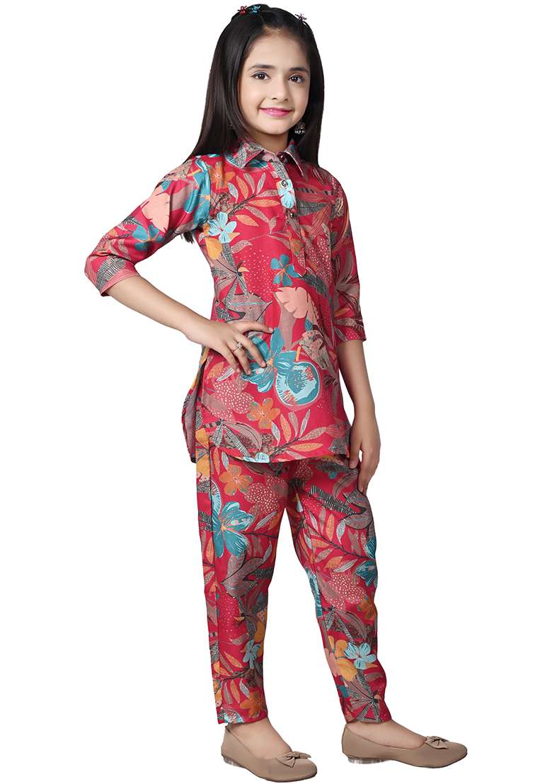 Pink Printed Rayon Kurta Set For Girls - Indya