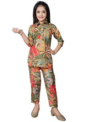 Green Printed Rayon Kurta Set For Girls