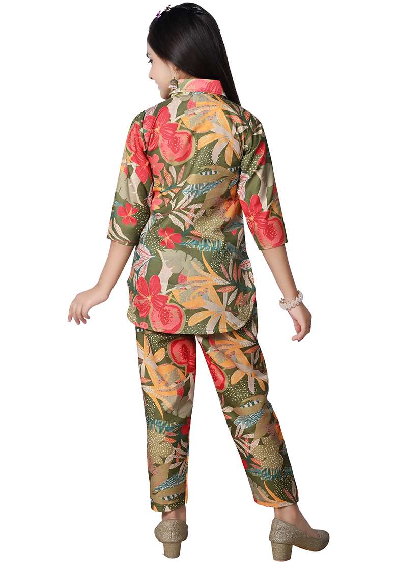 Green Printed Rayon Kurta Set For Girls - Indya