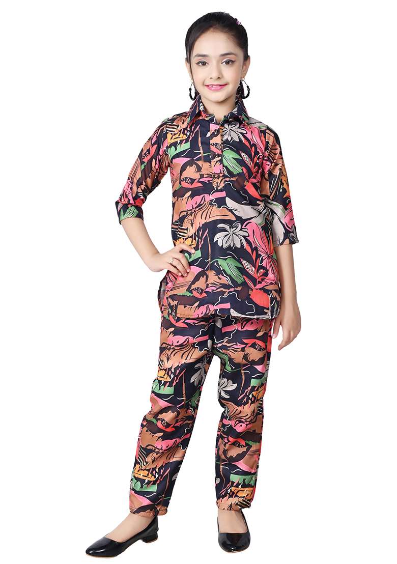 Multicolor Printed Rayon Kurta Set For Girls - Indya