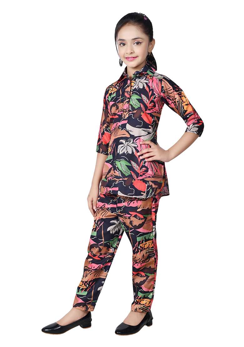 Multicolor Printed Rayon Kurta Set For Girls - Indya