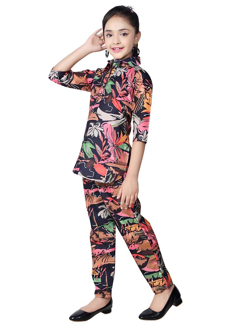 Multicolor Printed Rayon Kurta Set For Girls - Indya