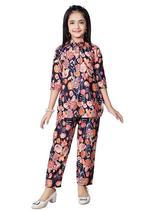 Black Printed Rayon Kurta Set For Girls