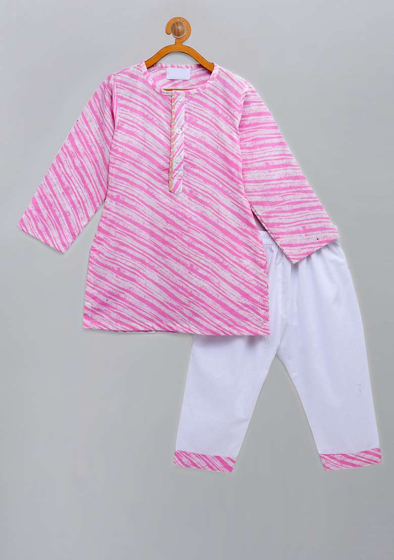 Pink Printed Cotton Kurta Set For Girls - Indya