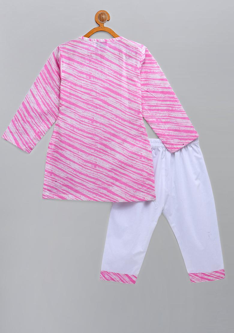 Pink Printed Cotton Kurta Set For Girls