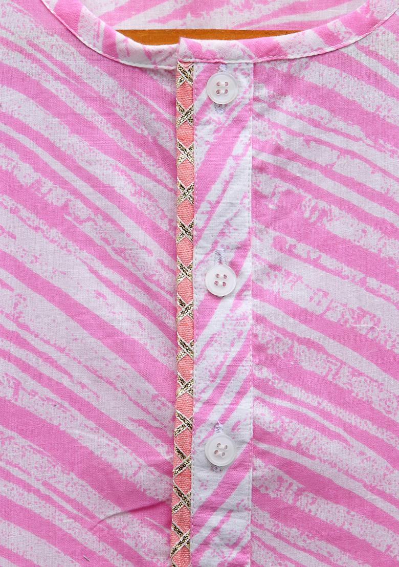 Pink Printed Cotton Kurta Set For Girls