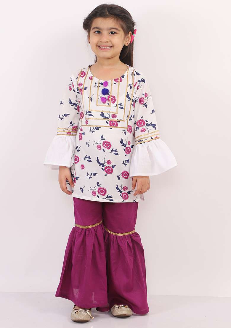 White And Purple Printed Cotton Sharara Set For Girls - Indya