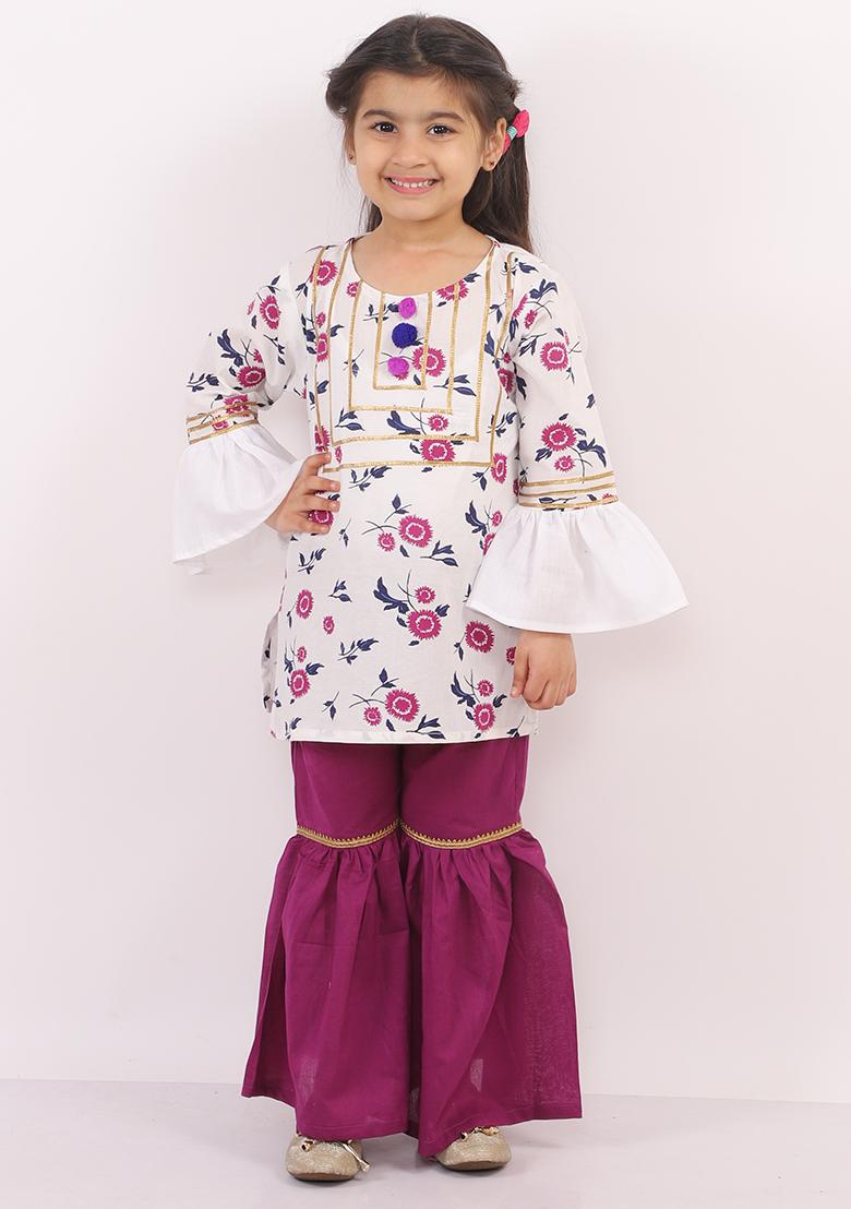 White And Purple Printed Cotton Sharara Set For Girls