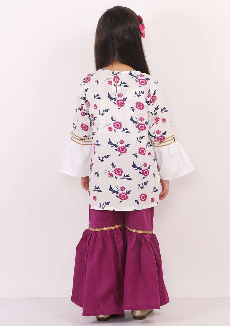 White And Purple Printed Cotton Sharara Set For Girls - Indya