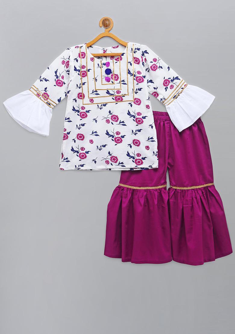 White And Purple Printed Cotton Sharara Set For Girls