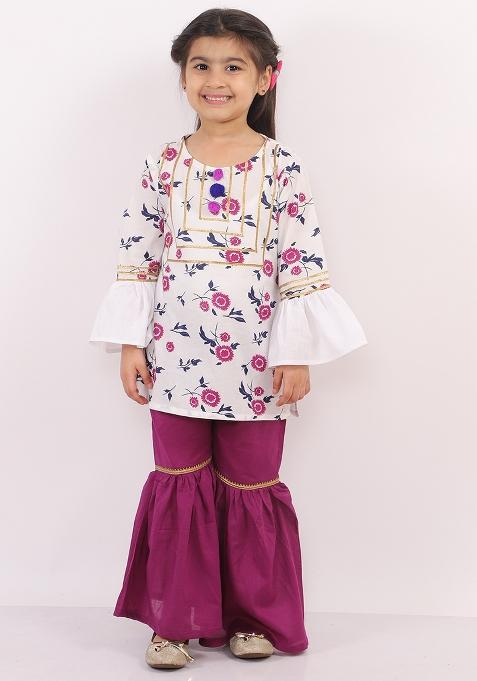 White And Purple Printed Cotton Sharara Set For Girls