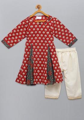 Red Printed Cotton Kurta Set For Girls
