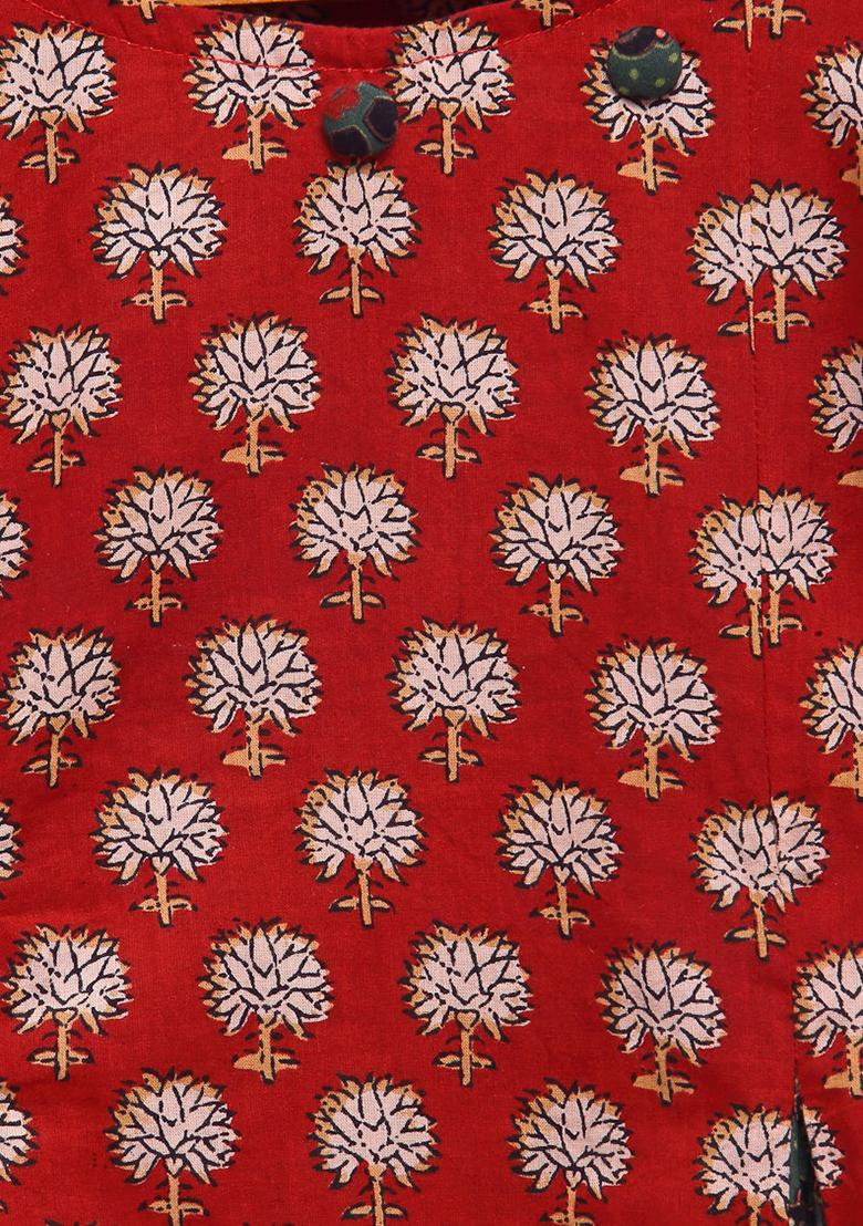 Red Printed Cotton Kurta Set For Girls