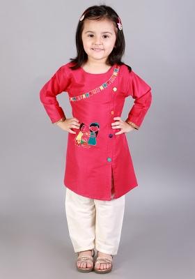 Pink Embroidered Cotton Silk Kurta Set For Girls
