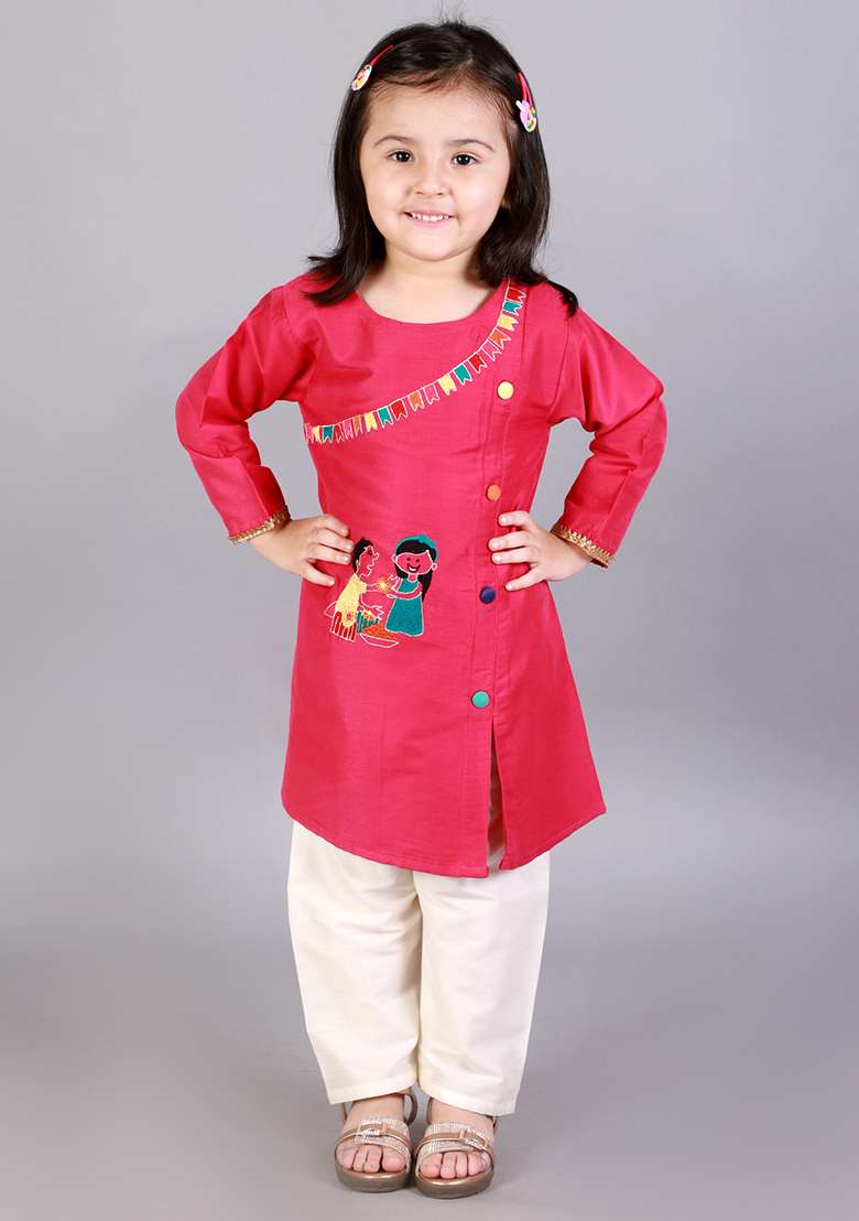 Pink Embroidered Cotton Silk Kurta Set For Girls - Indya