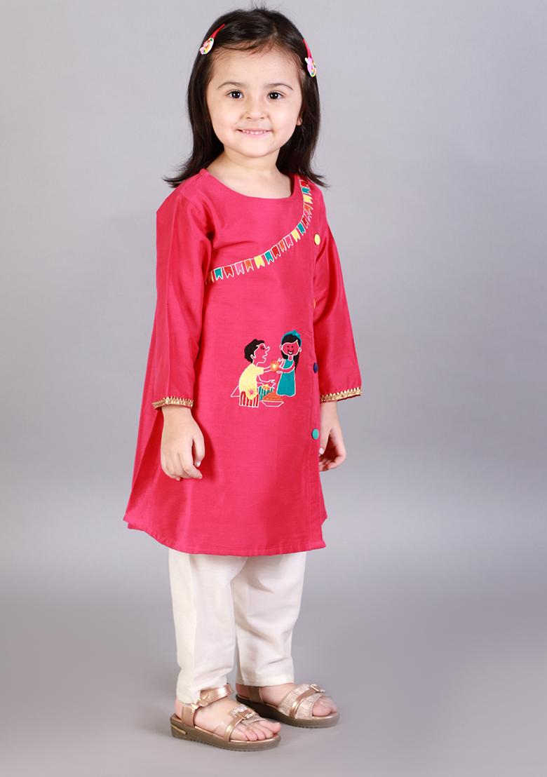 Pink Embroidered Cotton Silk Kurta Set For Girls