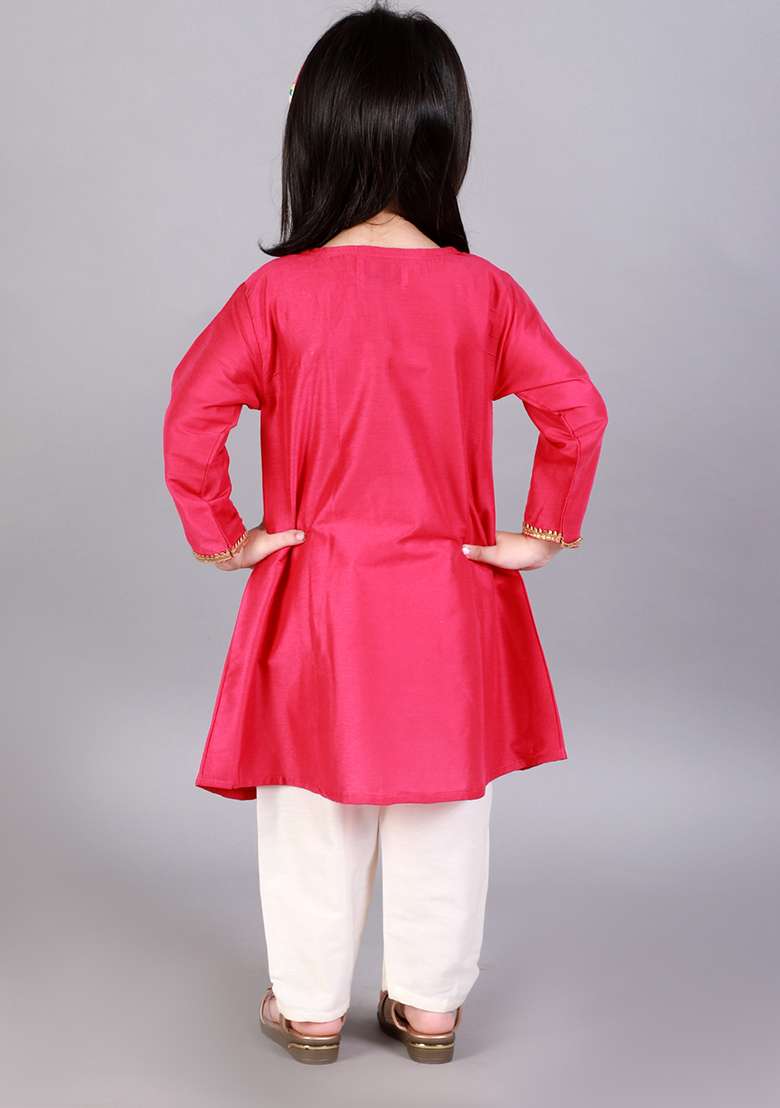 Pink Embroidered Cotton Silk Kurta Set For Girls - Indya