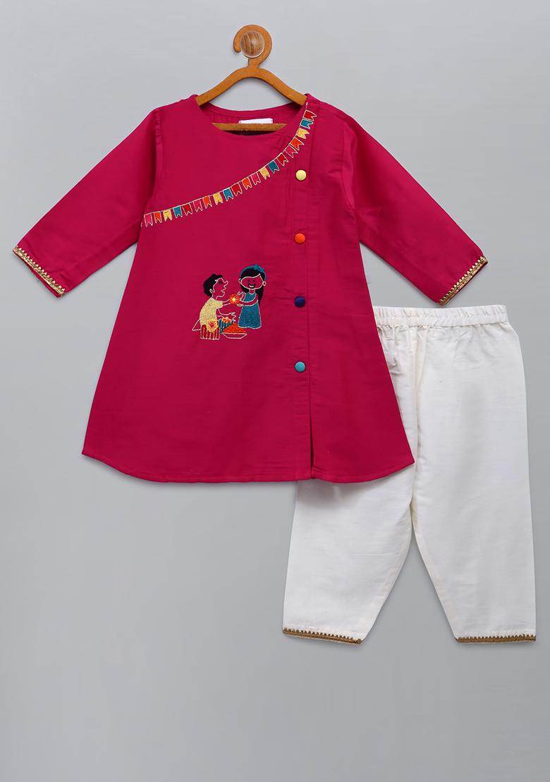 Pink Embroidered Cotton Silk Kurta Set For Girls