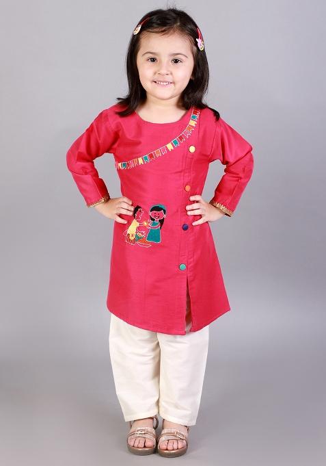 Pink Embroidered Cotton Silk Kurta Set For Girls