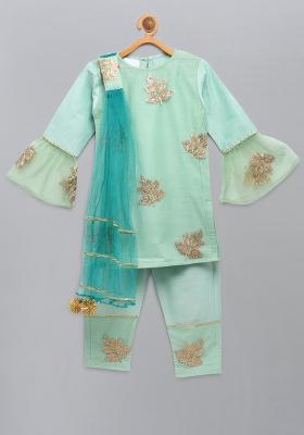 Green Embroidered Cotton Silk Kurta Set For Girls