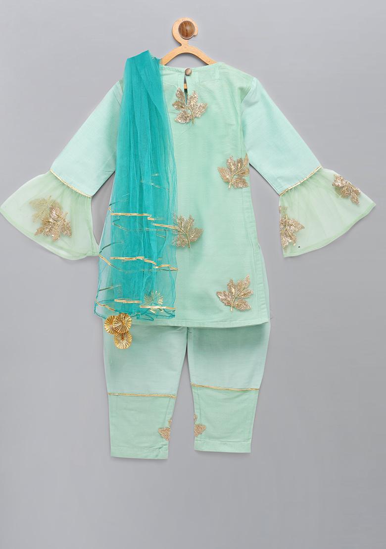 Green Embroidered Cotton Silk Kurta Set For Girls