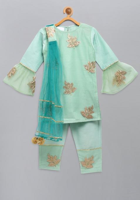 Green Embroidered Cotton Silk Kurta Set For Girls