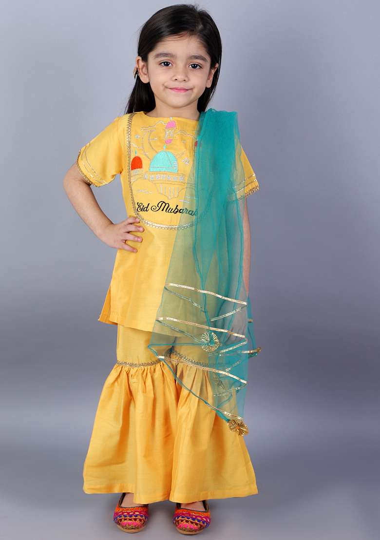 Mustard Yellow Embroidered Cotton Silk Sharara Set For Girls - Indya