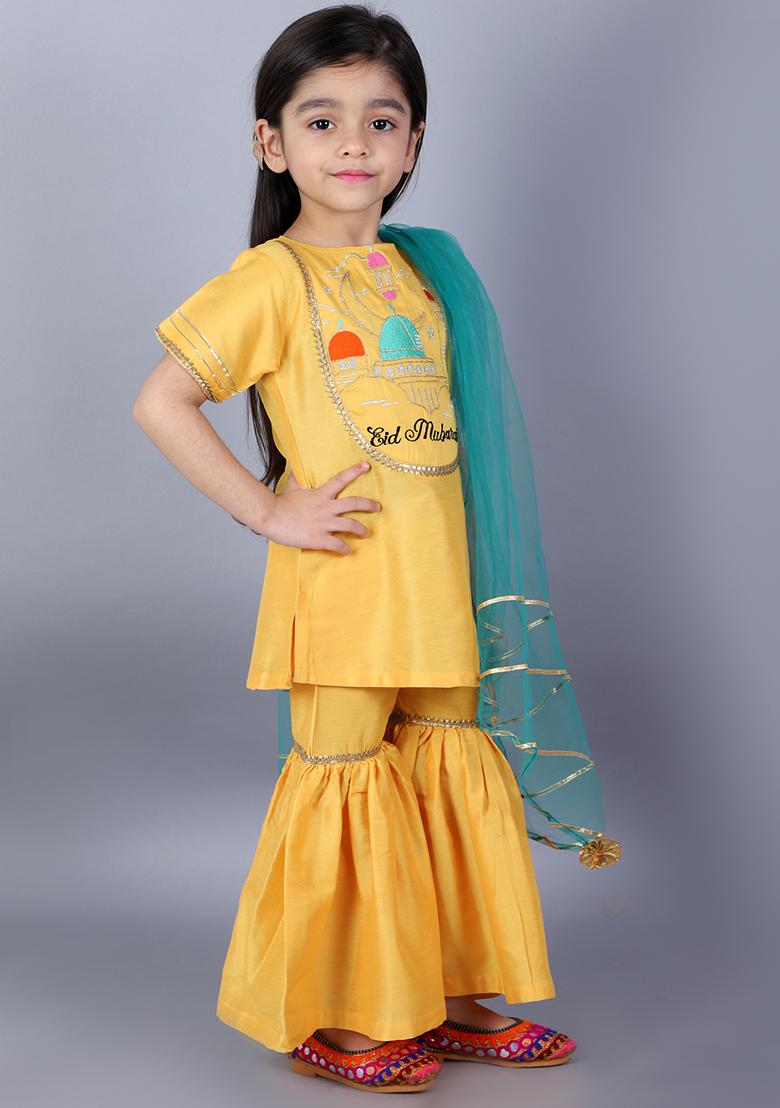 Mustard Yellow Embroidered Cotton Silk Sharara Set For Girls