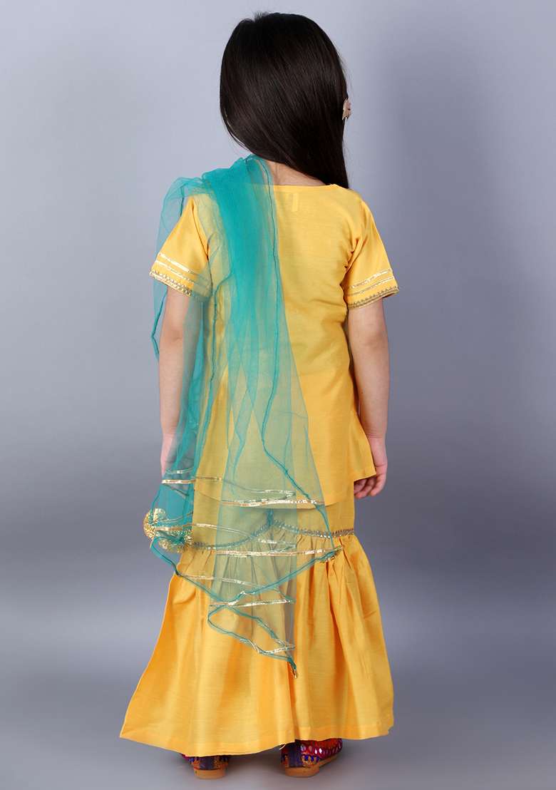 Mustard Yellow Embroidered Cotton Silk Sharara Set For Girls - Indya