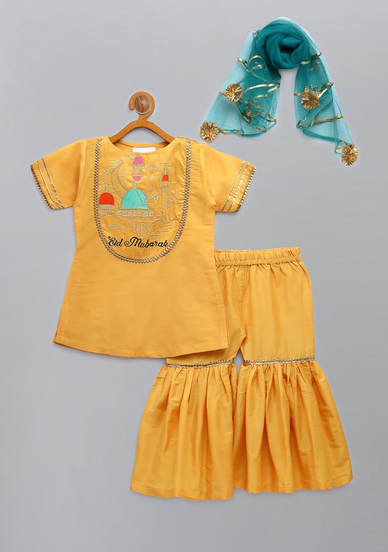 Mustard Yellow Embroidered Cotton Silk Sharara Set For Girls