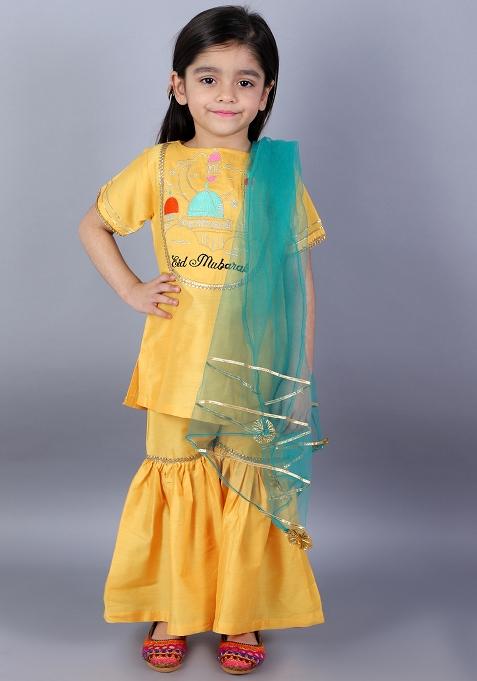 Mustard Yellow Embroidered Cotton Silk Sharara Set For Girls