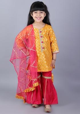 Yellow Embroidered Cotton Sharara Set For Girls