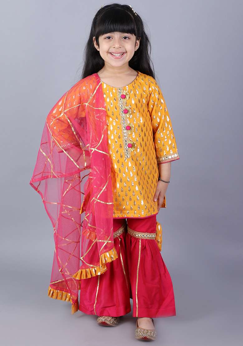 Yellow Embroidered Cotton Sharara Set For Girls - Indya