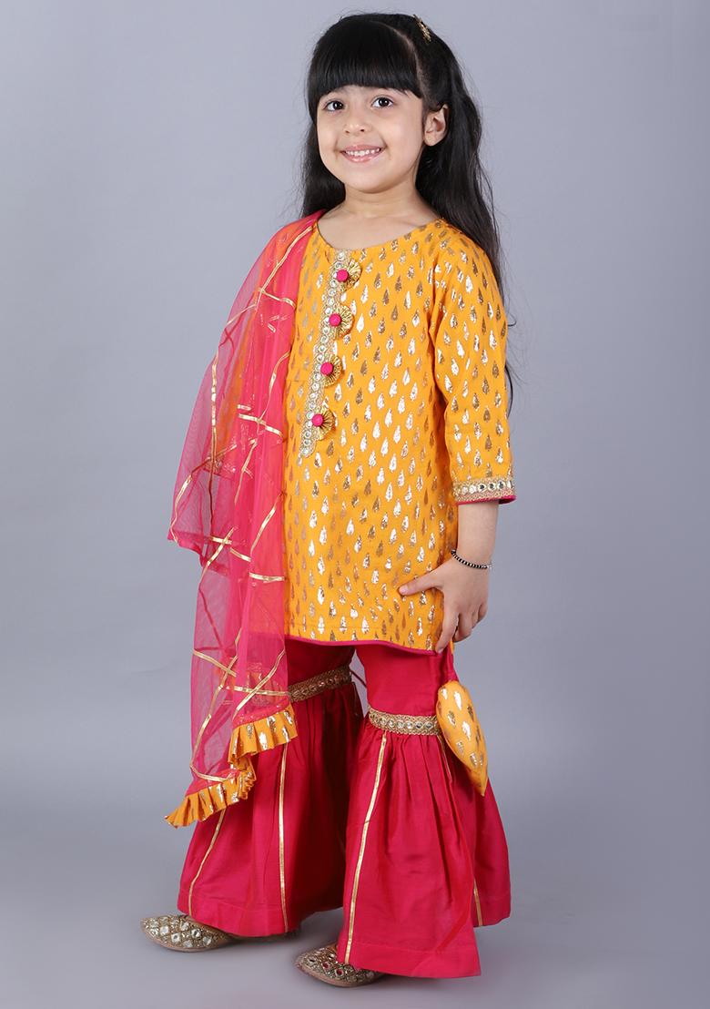 Yellow Embroidered Cotton Sharara Set For Girls