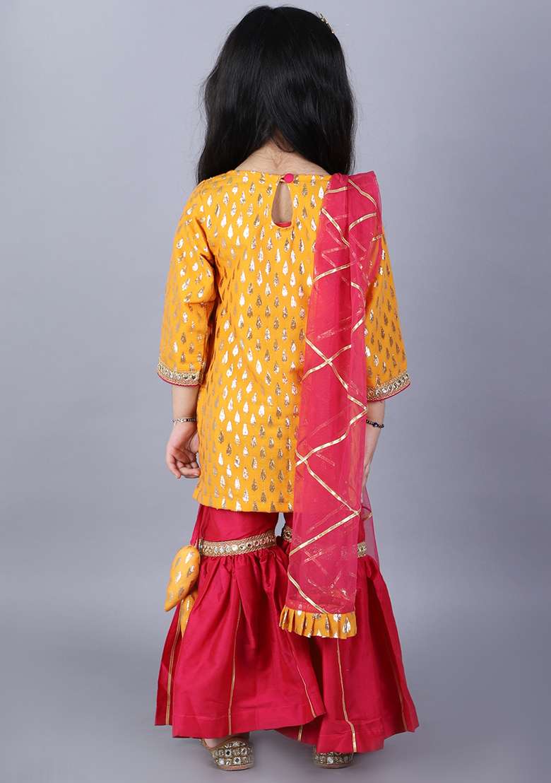 Yellow Embroidered Cotton Sharara Set For Girls - Indya