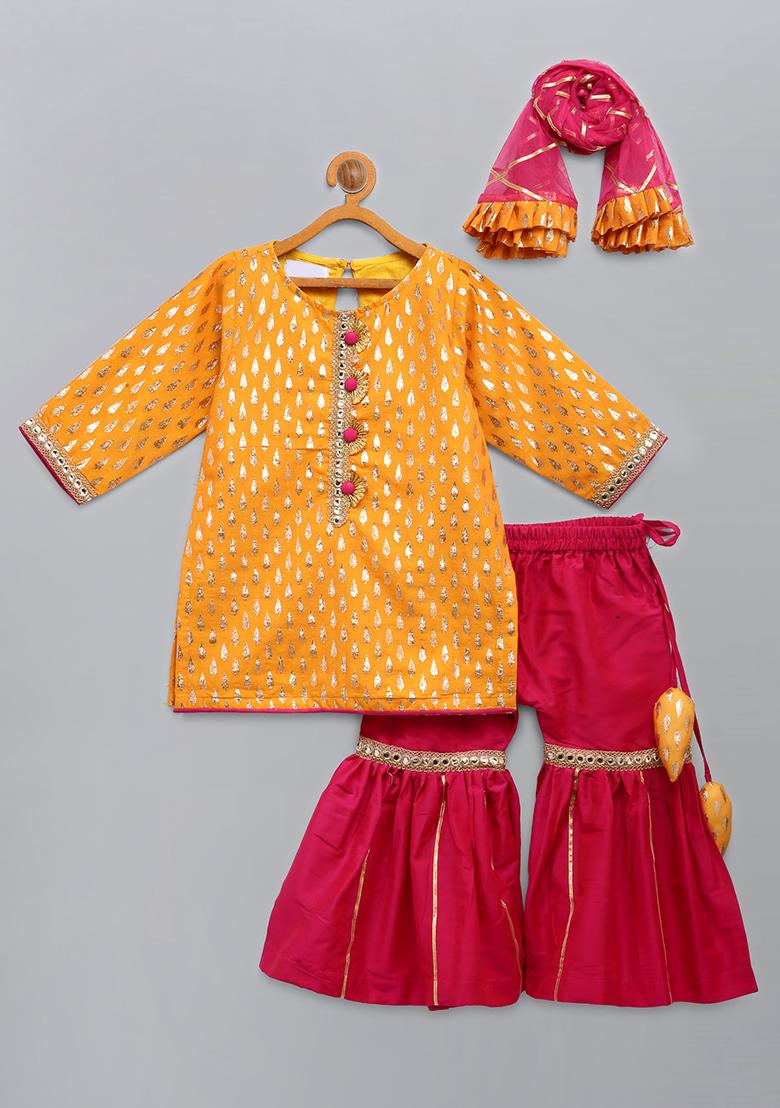 Yellow Embroidered Cotton Sharara Set For Girls