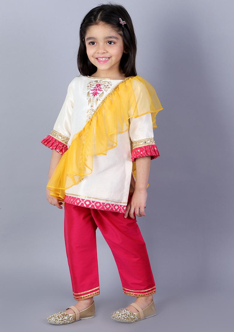 Offwhite Embroidered Silk Kurta Set For Girls