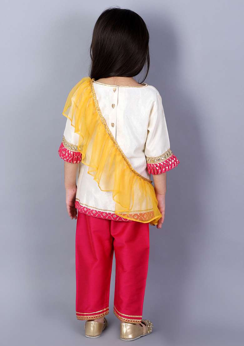 Offwhite Embroidered Silk Kurta Set For Girls - Indya