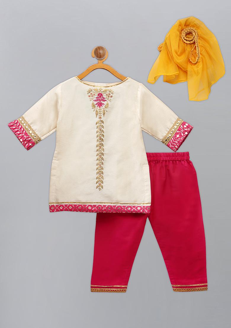 Offwhite Embroidered Silk Kurta Set For Girls