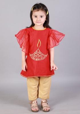 Red Embroidered Cotton Silk Kurta Set For Girls