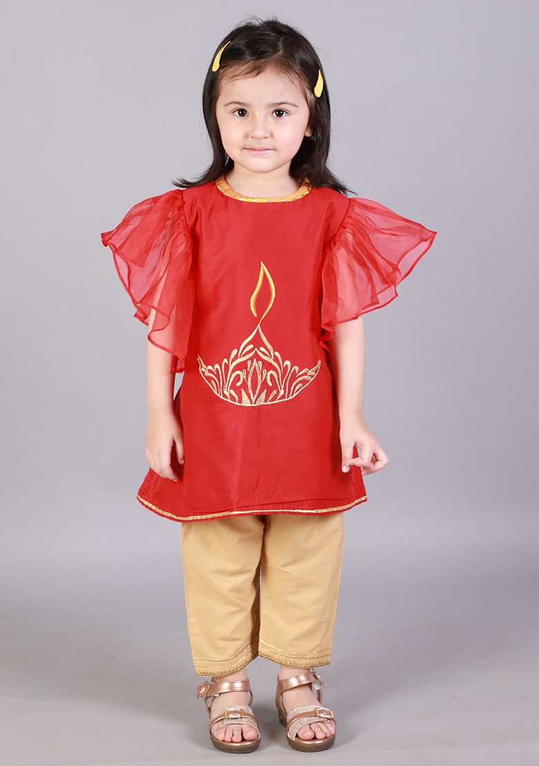 Red Embroidered Cotton Silk Kurta Set For Girls - Indya