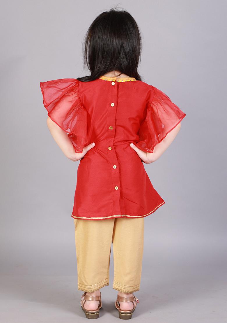 Red Embroidered Cotton Silk Kurta Set For Girls