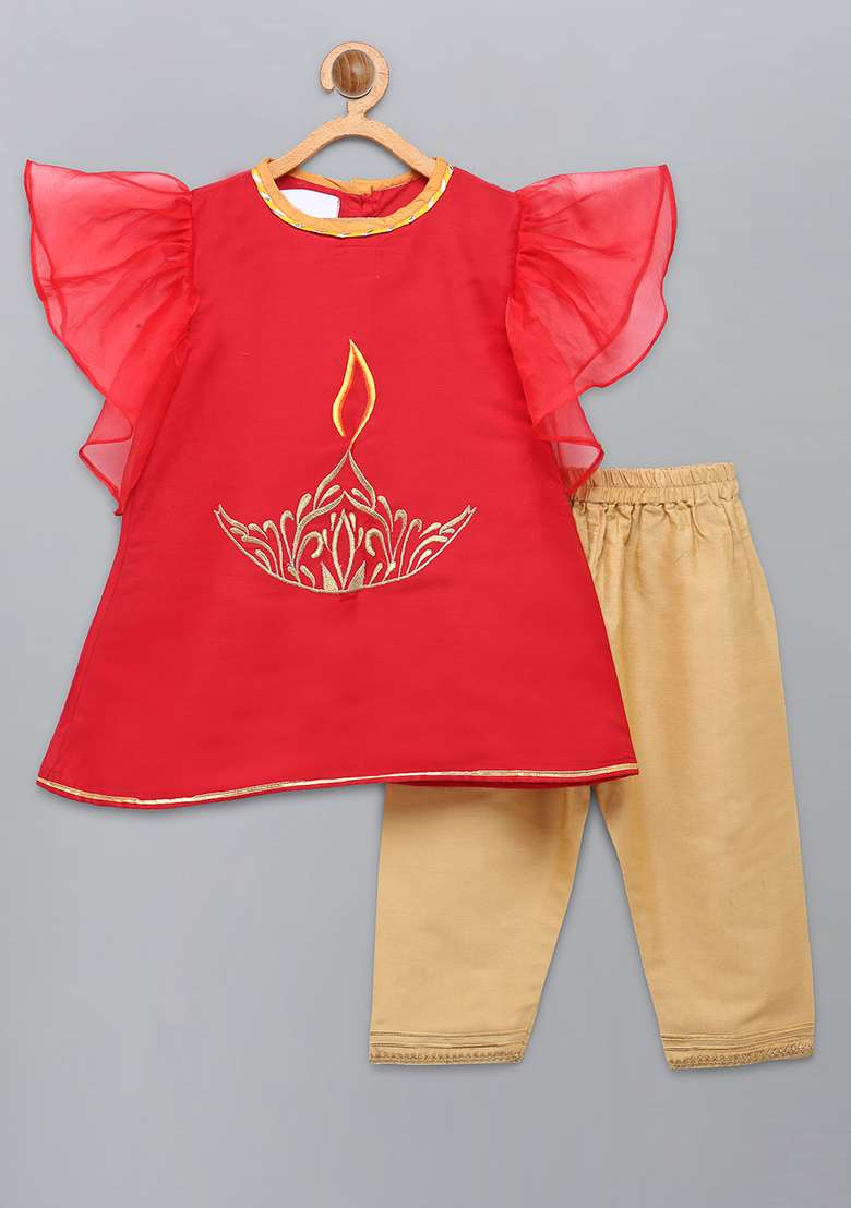 Red Embroidered Cotton Silk Kurta Set For Girls - Indya