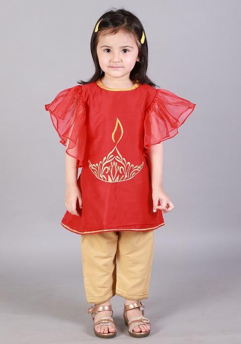 Red Embroidered Cotton Silk Kurta Set For Girls