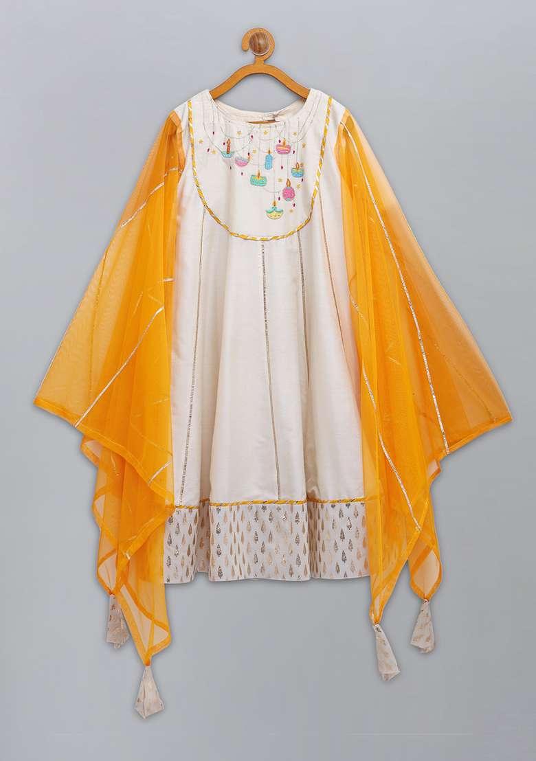 Offwhite Embroidered Cotton Silk Anarkali For Girls - Indya